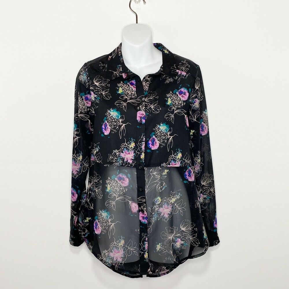 LC‎ Lauren Conrad Women's Size S Floral 1/2 Sheer Long Sleeved button up Blouse